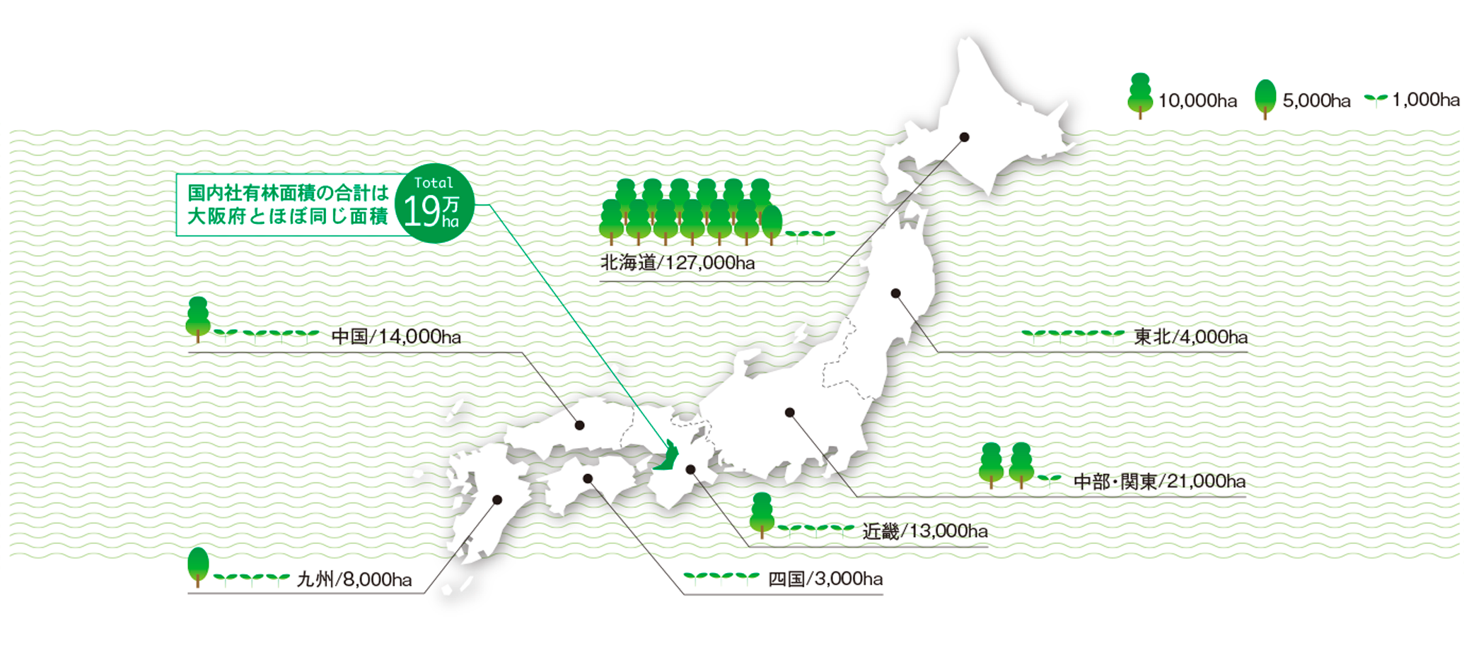 国内社有林面積の合計は大阪府とほぼ同じ面積 Total 19万 ha  北海道/127,000ha  東北/4,000ha  中部・関東/22,000ha  近畿/12,000ha  中国/14,000ha  四国/3,000ha  九州/8,000ha